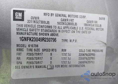 2009 Chevrolet Tahoe Lt1 from USA, damaged, VIN 1GNFK23049R230796